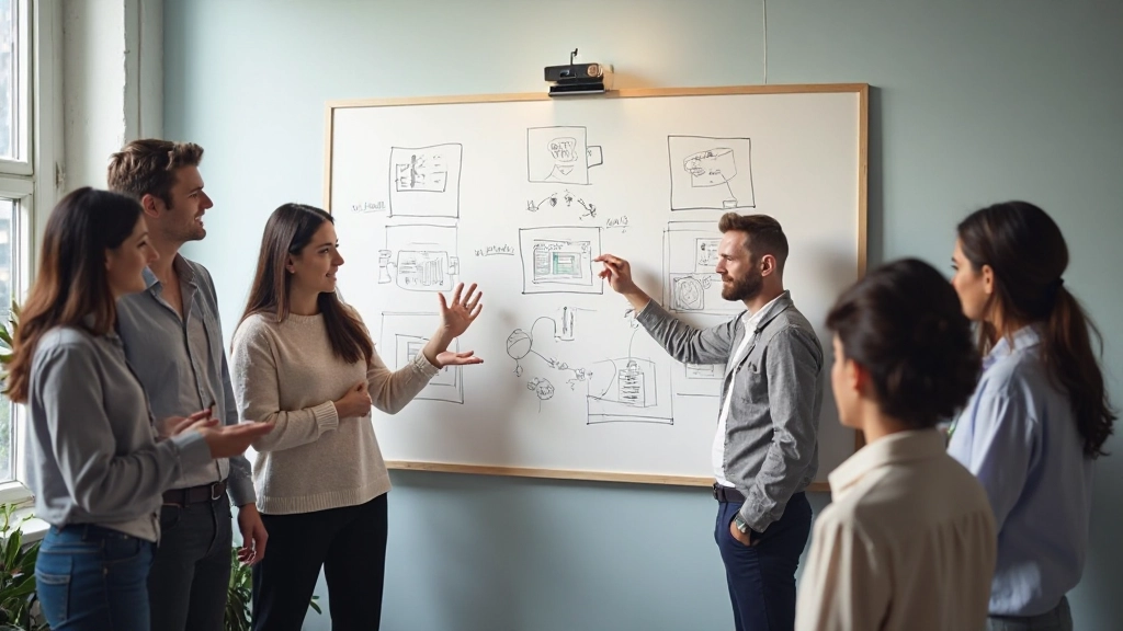 Творческая команда разрабатывает рекламную кампанию, обсуждая идеи у доски с эскизами