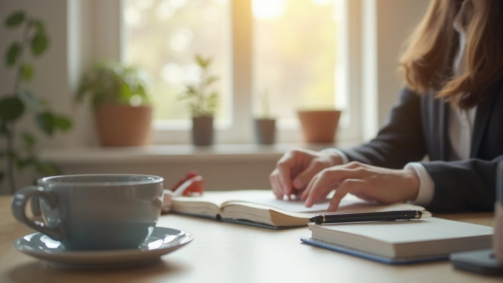 Спокойное утро с чашкой кофе и блокнотом на столе у окна