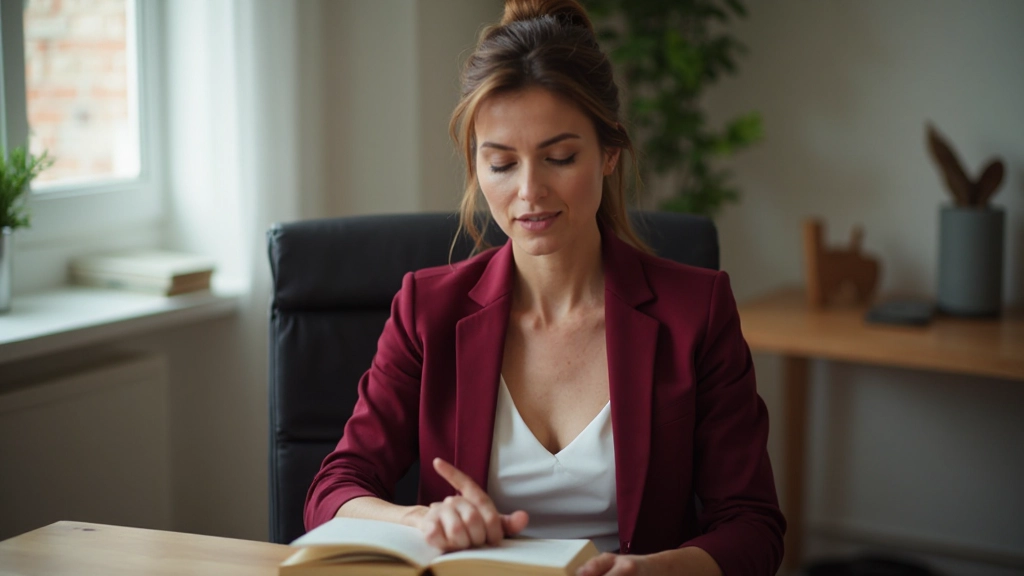 Реалистичная женщина в офисном костюме читает книгу развития личности в уютном офисном кресле