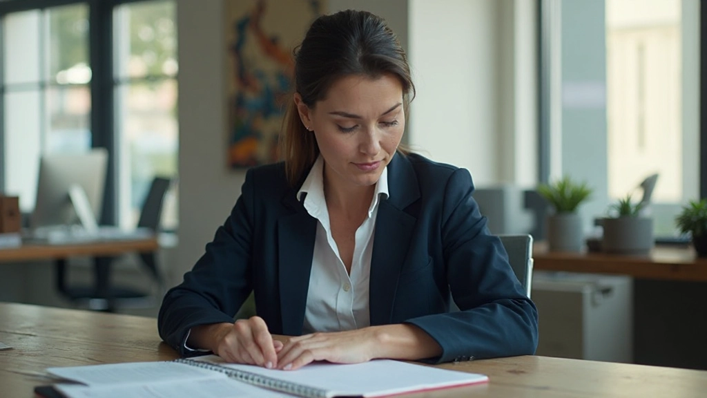 Реалистичная женщина среднего возраста с карие глаза в деловом костюме, сидит за столом с планировщиком